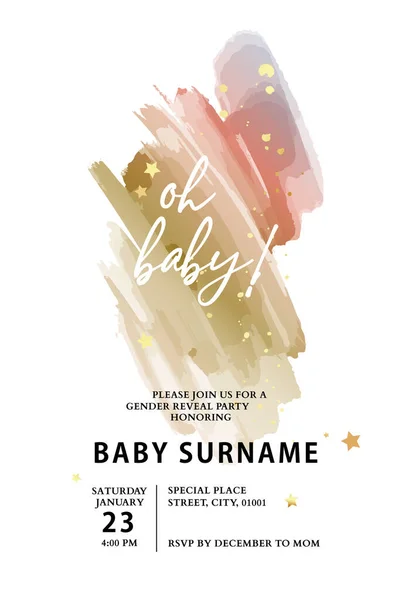 Tarjeta de invitación de ducha de bebé de lujo con textura de mármol de oro rosa marrón pastel y plantilla de diseño vectorial de fondo de acuarela minimalista — Vector de stock