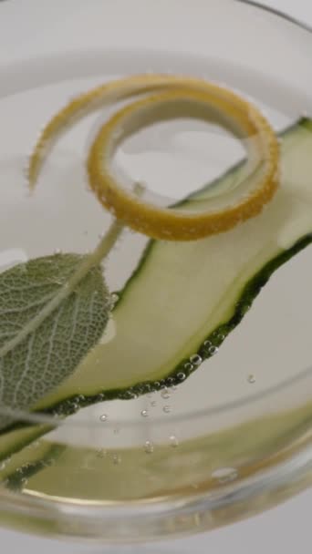 Close Glass Bubbling Champagne Mint Lemon Cucumber — Stock Video