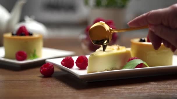 Cheesecake Med Hallon Bordet — Stockvideo