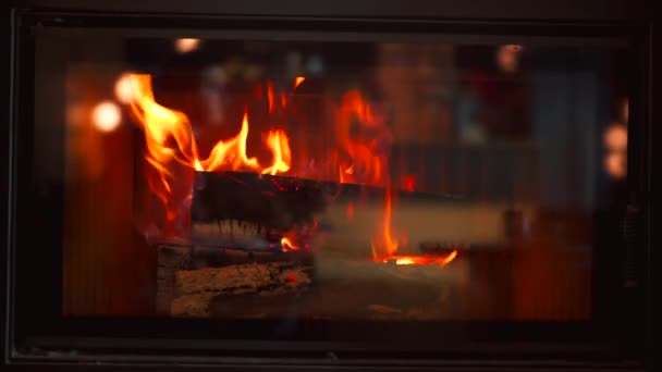 Primer Plano Fuego Chimenea Leña Ardiendo Agrietándose Chispas — Vídeos de Stock