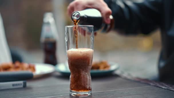 Pouring Liquid Transparent Glass Closeup Man Hand Party — Video Stock