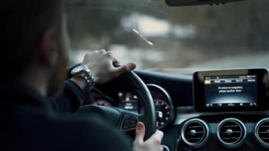 drive in a luxury car through the forest in the evening