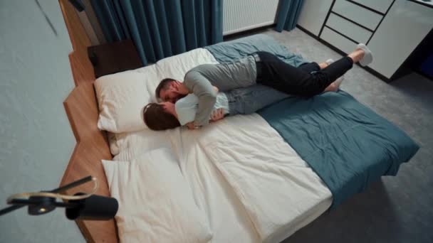 Young Couple Hotel Room Fall Bed First Time — Video Stock