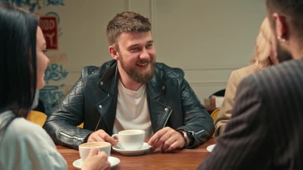Handsome Stylish Hipster Guy Drinks Filter Coffee Coffee Shop Company — Stok video