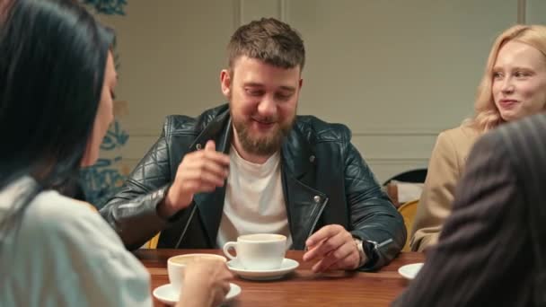 Handsome Stylish Hipster Guy Drinks Filter Coffee Coffee Shop Company — Video Stock