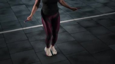Young woman athlete trains cardio with jump rope, cardio training