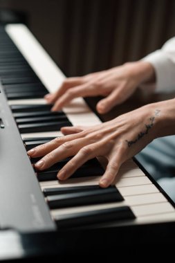 Rafine kadın piyanist ince parmaklarıyla piyano çalar, müzik aleti çalar.