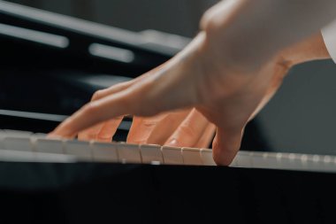 Rafine kadın piyanist ince parmaklarıyla piyano çalar, müzik aleti çalar.