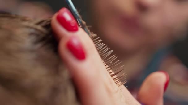 Barbershop Close Woman Barber Cuts Men Hair Scissors — Vídeo de stock