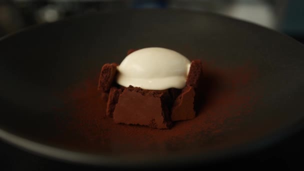 Serving Chocolate Brownie Dessert Decorated Ice Cream Professional Restaurant Kitchen — Stock Video