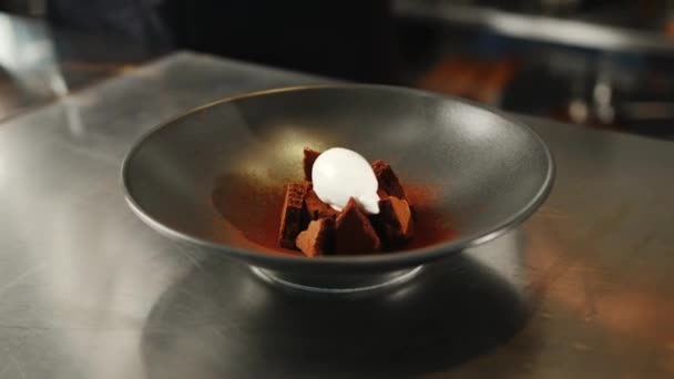 Chocolate Brownie Dessert Decorated Ice Cream Professional Restaurant Kitchen — Vídeos de Stock