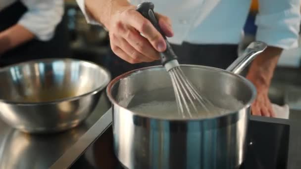 Close Stirring Milk Bowl Stove — Stock Video