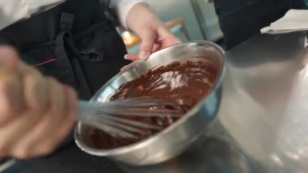 Close Chocolate Being Kneaded Brownie Bowl — Vídeo de stock