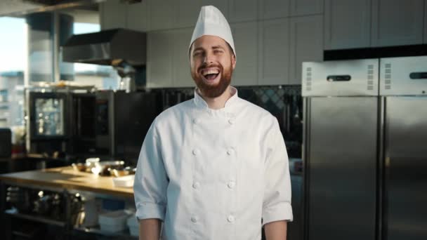 Professional Kitchen Portrait Chef Laughing Clapping Hands — Stockvideo