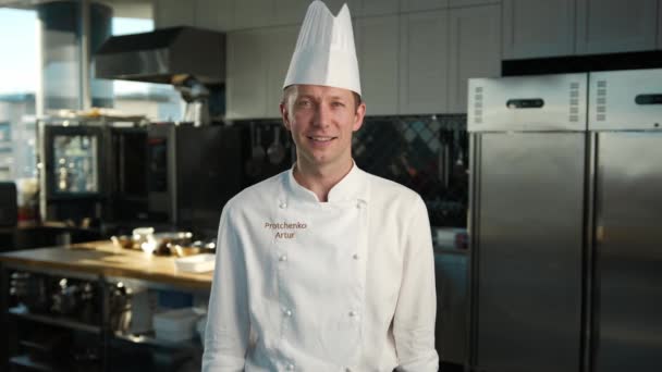 Professional Kitchen Portrait Male Chef Showing Thumbs Smile — Video