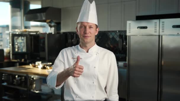 Professional Kitchen Portrait Male Chef Showing Thumbs Smile — Video Stock