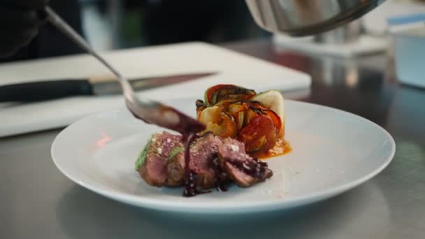 Chef Pours Sauce Filet Mignon Serving Food Restaurant — Video