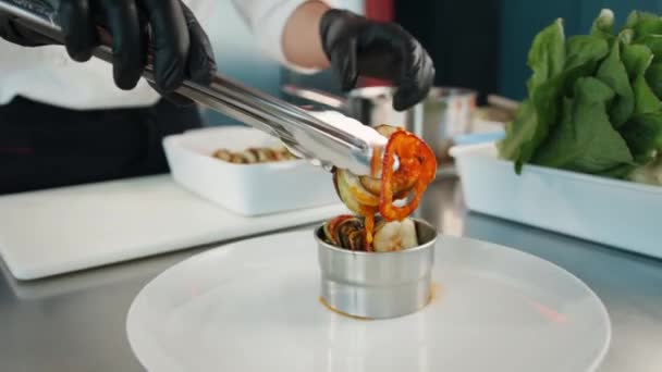 Chef Serves Ratatouille Plate Exquisite Dish Expensive Restaurant — Video Stock