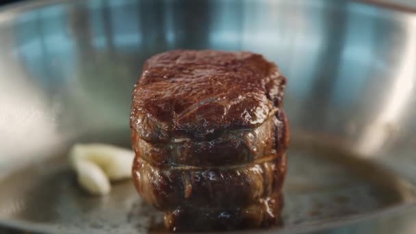 Close Filet Mignon Being Cooked Frying Pan — Stockvideo