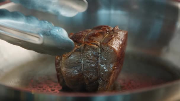 Close Filet Mignon Being Cooked Frying Pan — 图库视频影像