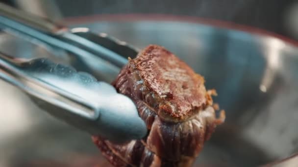 Close Raw Filet Mignon Being Cooked Frying Pan — Stok video