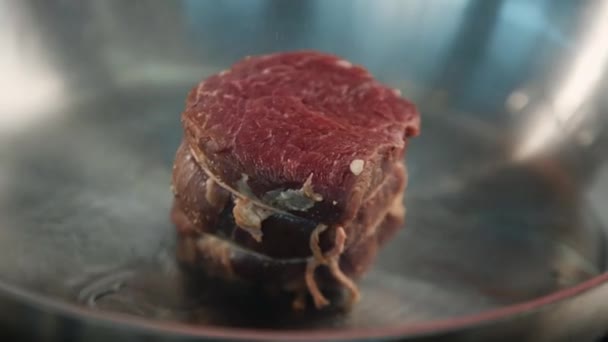 Close Raw Filet Mignon Being Cooked Frying Pan — Stok video