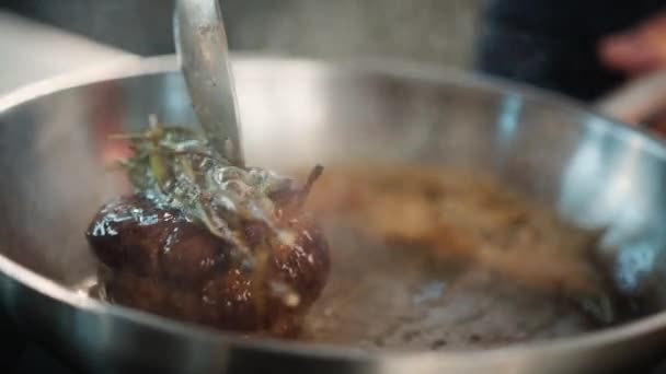 Close Filet Mignon Thyme Being Cooked Frying Pan — Stok video