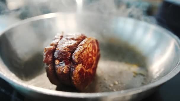 Close Filet Mignon Being Cooked Frying Pan — 图库视频影像