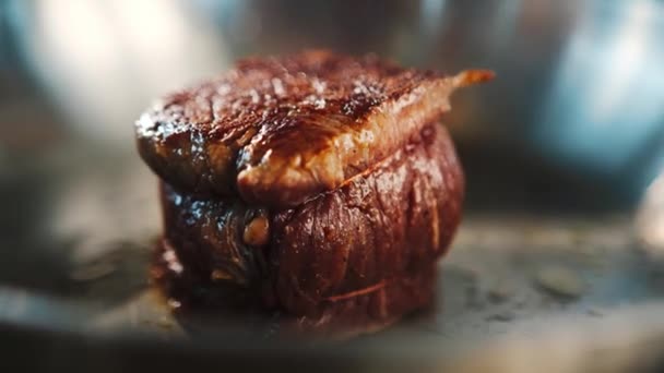Close Filet Mignon Being Cooked Frying Pan — ストック動画