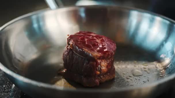 Close Filet Mignon Being Cooked Frying Pan — Stock video
