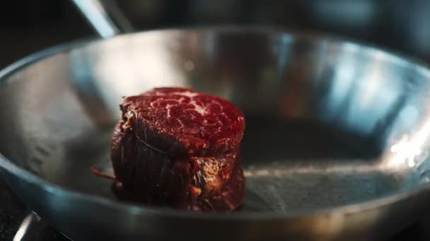 Close Filet Mignon Being Cooked Frying Pan — 图库视频影像