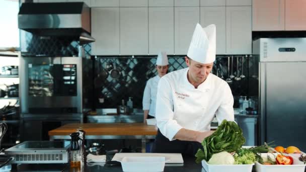 Professional Restaurant Kitchen Portrait Chefs Men Women Chef Assistant Brings — Stockvideo