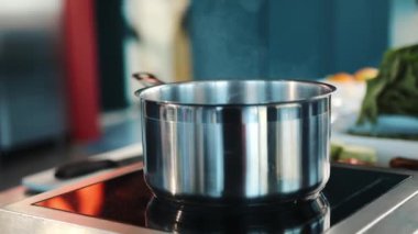 Close-up: The chef adds ingredients to the pot. The process of preparing food in restaurant.