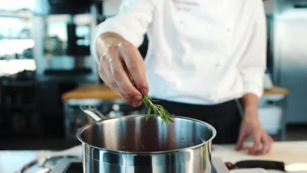 Close Chef Adds Thyme Pot Process Preparing Food Restaurant — 图库视频影像