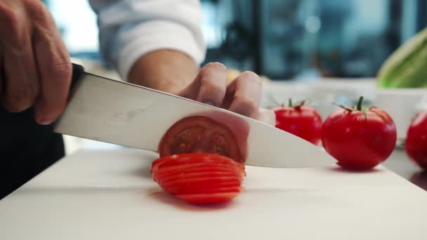 Professional Restaurant Kitchen Close Chef Cuts Tomatoes Knife — Vídeos de Stock