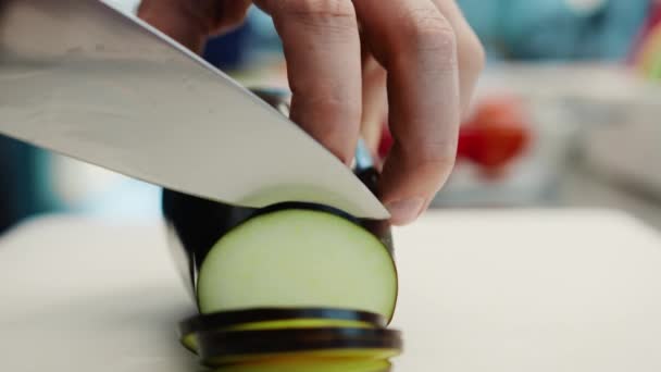 Close Chef Cuts Eggplant Fine Pressure Cutting Surface Professional Kitchen — Video Stock