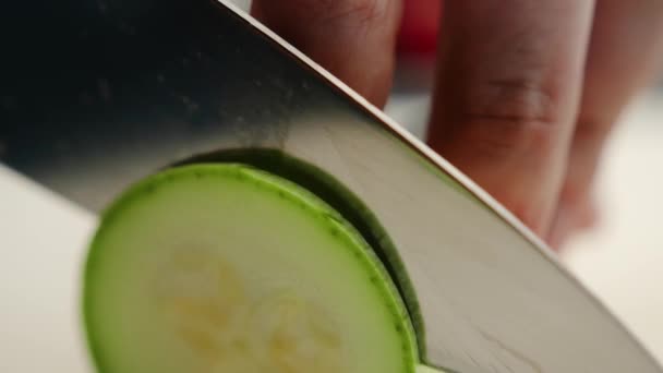 Close Chef Cuts Zucchini Finely Knife — Stock Video