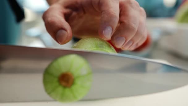 Close Chef Cuts Zucchini Finely Knife — Stock video