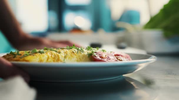 Professional Restaurant Kitchen Close Chef Serves Omelette — Video