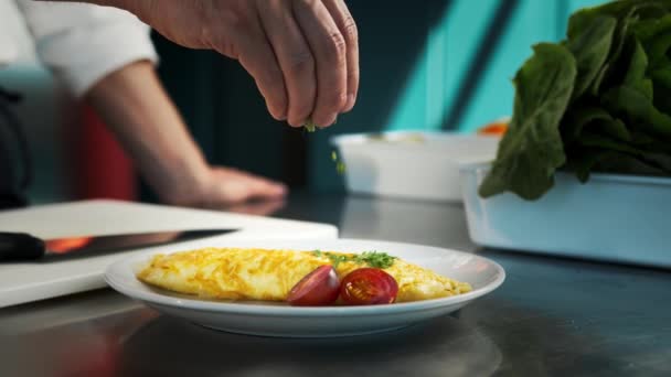 Professional Kitchen Restaurant Close Chef Sprinkles Finished Omelet Herbs Serving — Video Stock