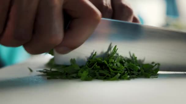 Professional Kitchen Restaurant Close Chef Cuts Greens Herbs Finely Knife — Video Stock