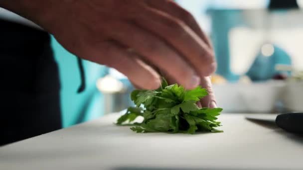 Professional Kitchen Restaurant Close Chef Cuts Greens Herbs Finely Knife — Stockvideo