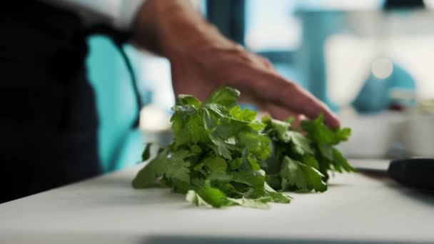 Professional Kitchen Restaurant Close Chef Cuts Greens Herbs Finely Knife — Stock Video