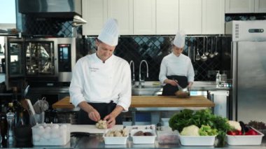 Restaurant Kitchen: Portrait of Male and Female Chefs Preparing Dish. Professionals Cooking Delicious, Authentic Food, Healthy Meals