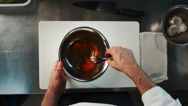 Professional Restaurant Kitchen Top View Chef Beats Eggs Bowl — Video