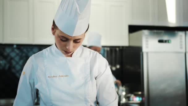 Close Portrait Female Chef Prepares Delicious Dish Restaurant Professional Kitchen — Vídeo de Stock