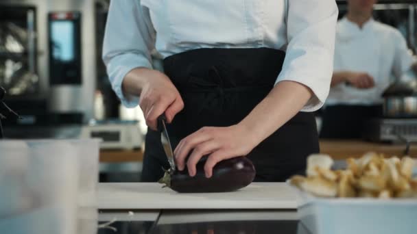Close Chef Cuts Eggplant Preparing Delicious Dish Restaurant Chef Makes — Stockvideo