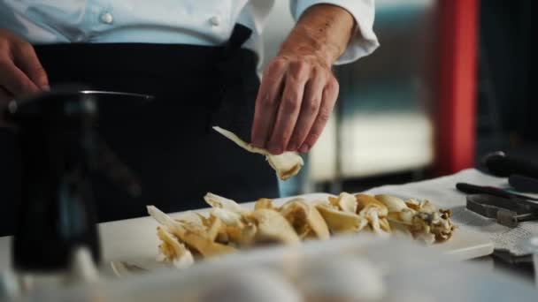 Professional Kitchen Close Chef Cuts Mushrooms Prepares Delicious Dish Restaurant — Stock video