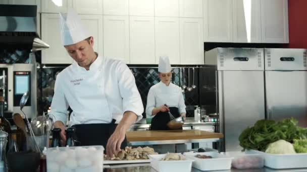 Restaurant Kitchen Portrait Male Female Chefs Preparing Dish Professionals Cooking — Video Stock
