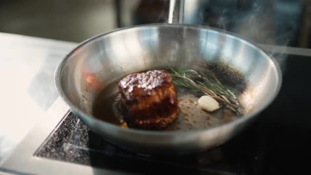 Close Filet Mignon Thyme Being Cooked Frying Pan — Stock video